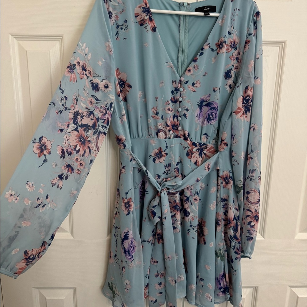 Lulu's Blue and Green Wrap Sundress with Bishop Sleeves